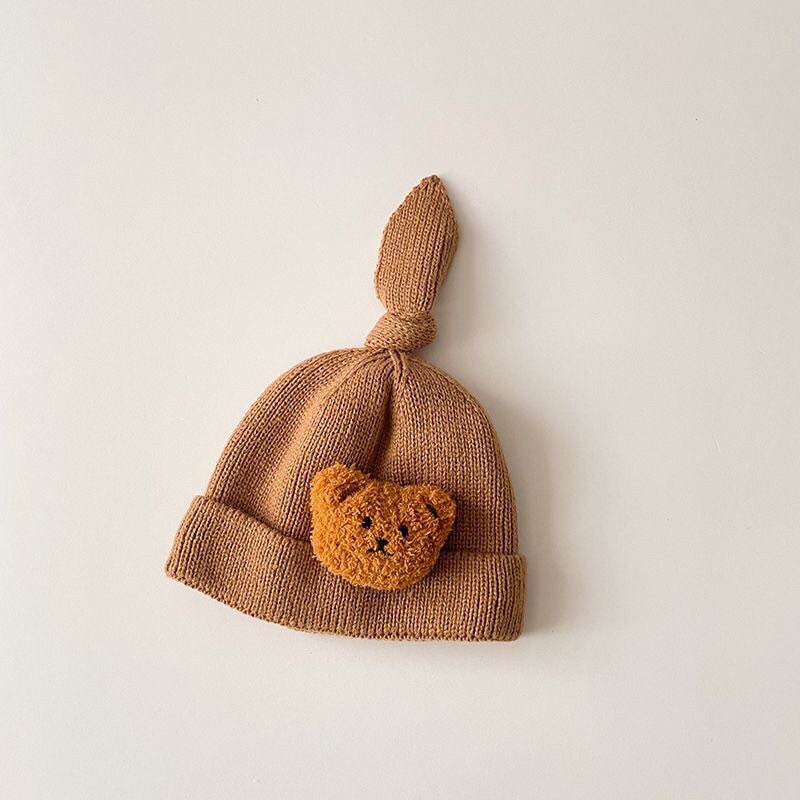 Mũ nón len đính gấu buộc chóp cực cute cho bé 6-36 tháng