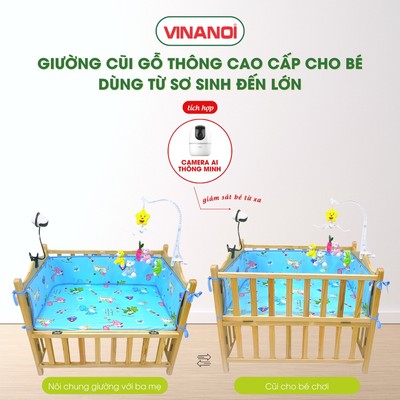 Giường cũi cho bé gỗ thông cao cấp VINANOI tích hợp camera AI giám sát cảm ứng bé khóc