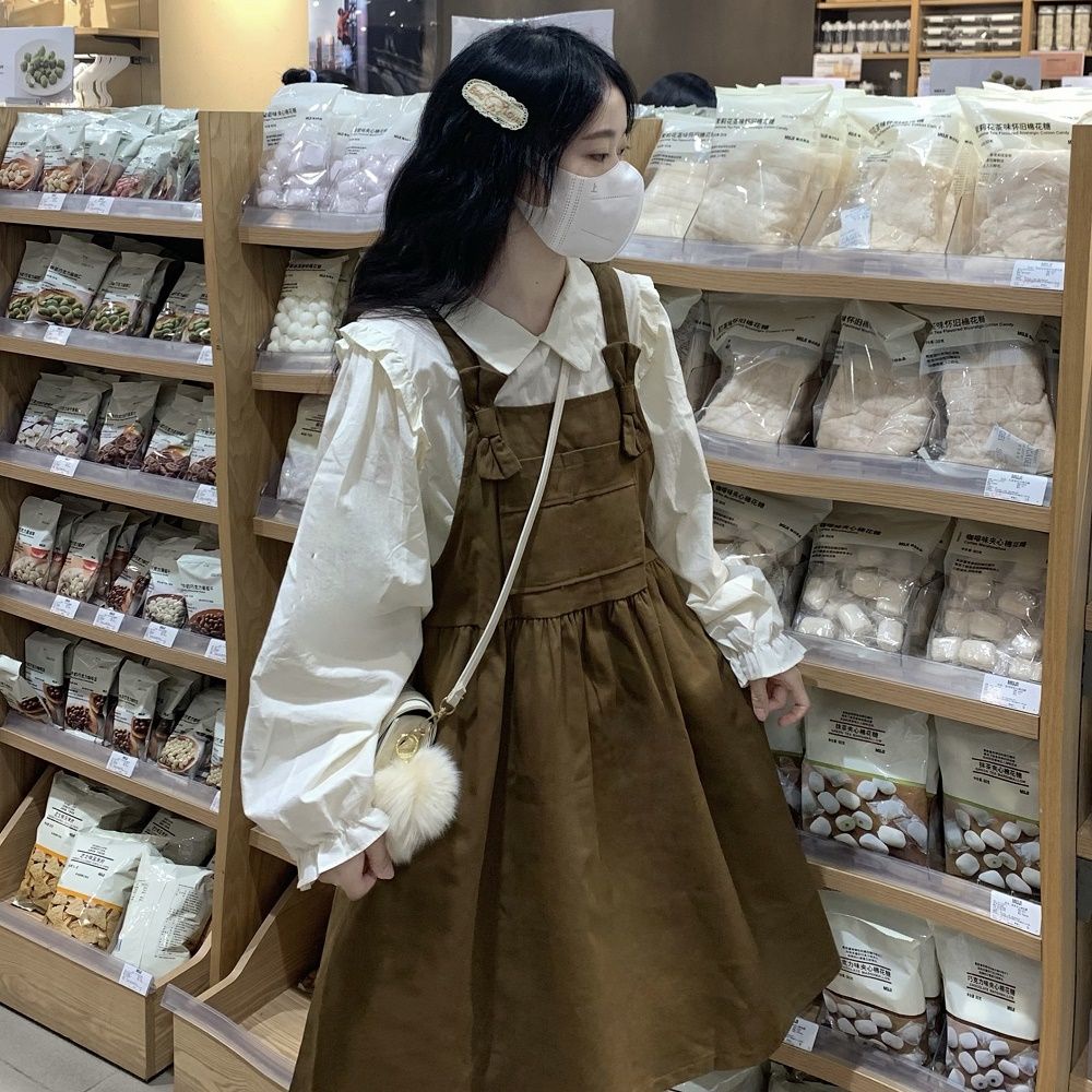 Set Áo Sơ Mi Tay Dài Cổ Búp Bê Phối Bèo + Váy Yếm Dáng Rộng Thời Trang Thu Đông Mới Cho Nữ