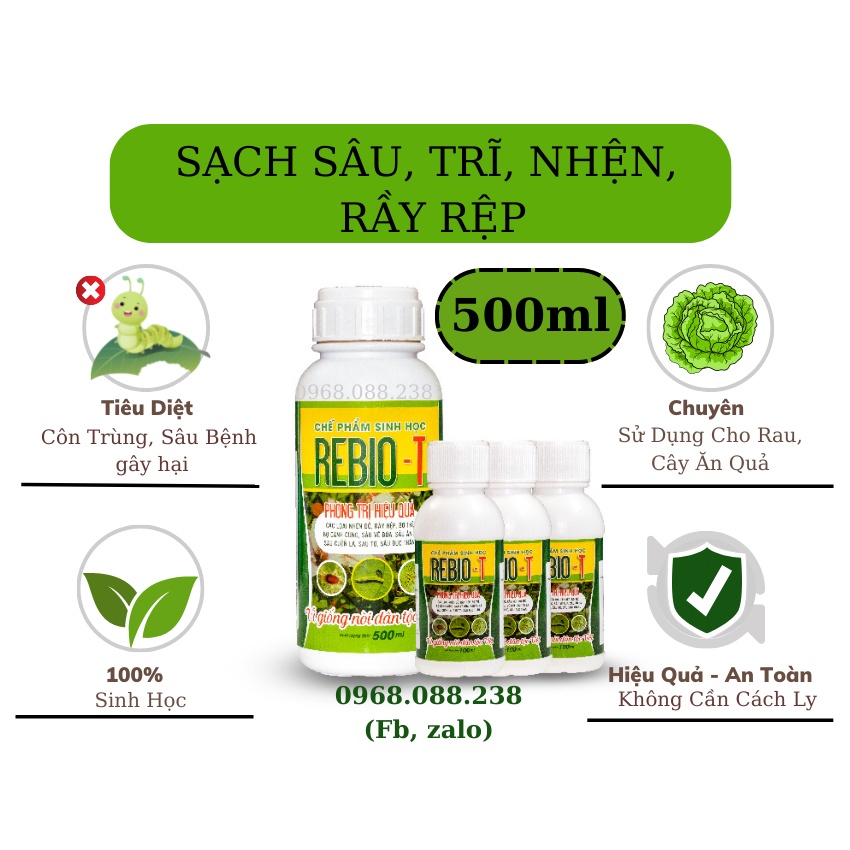 Chế phẩm sinh học 𝐑𝐄𝐁𝐈𝐎 𝐓 𝟓𝟎𝟎𝐦𝐥 Đặc trị nhện đỏ, bọ trĩ, sâu ăn lá, sâu cuốn lá, sâu vẽ bùa... trên rau màu, cây ăn quả