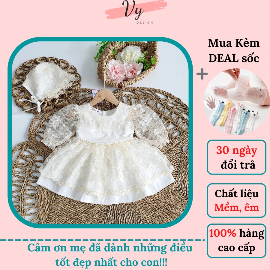 Váy Tết Cho Bé Gái VY DESIGN. Váy Bé Gái Ren Trắng Kèm Phụ Kiện, Đầm Công Chúa Cho Bé Sơ Sinh, Đầm Đầy Tháng