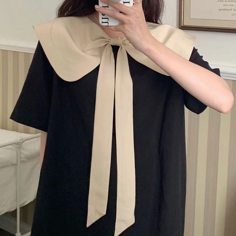 Đầm DU YAN ngắn tay cổ búp bê đính nơ to trước và sau lưng phong cách Hàn Quốc cho nữ