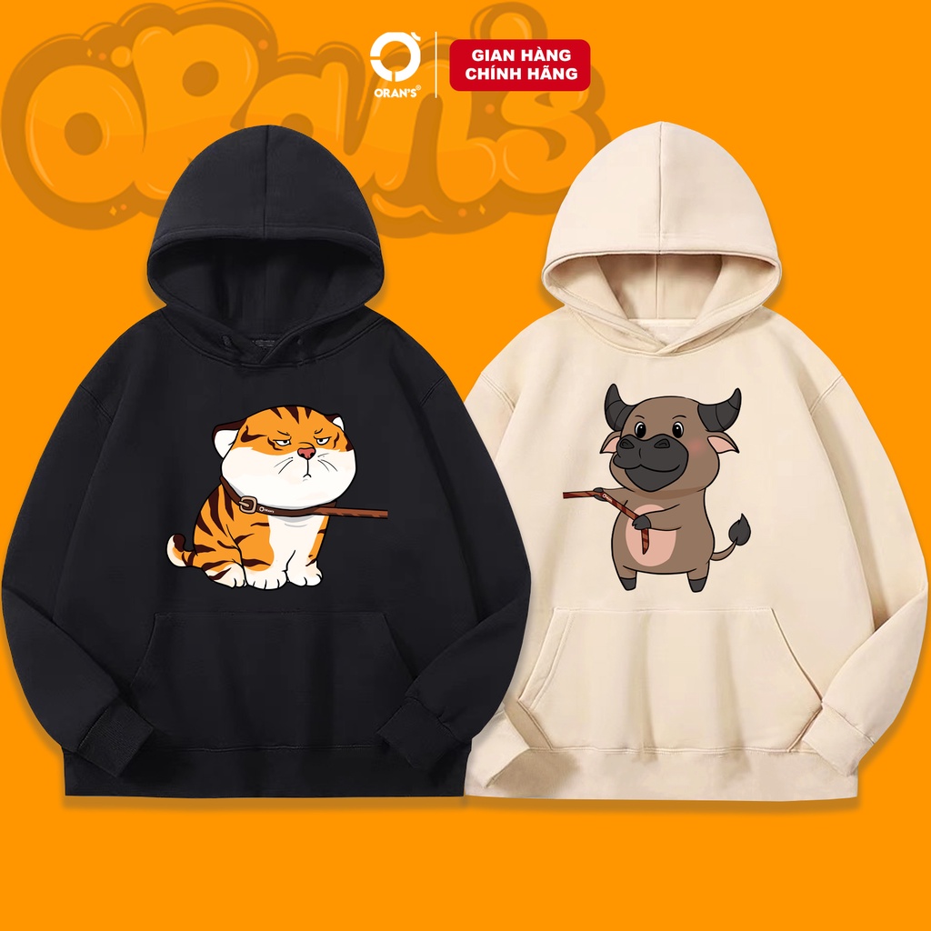 Áo Hoodie in hình con trâu kéo con hổ ORAN'S Oversize chất nỉ cotton lót bông, FULLBOX ORANS COUPLE - 07