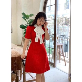 váy dạ đỏ cổ nơ