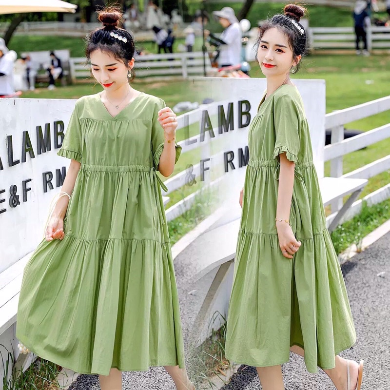 Váy bầu thiết kế trẻ trung xinh xắn 2 màu xanh và hồng size 40-75kg