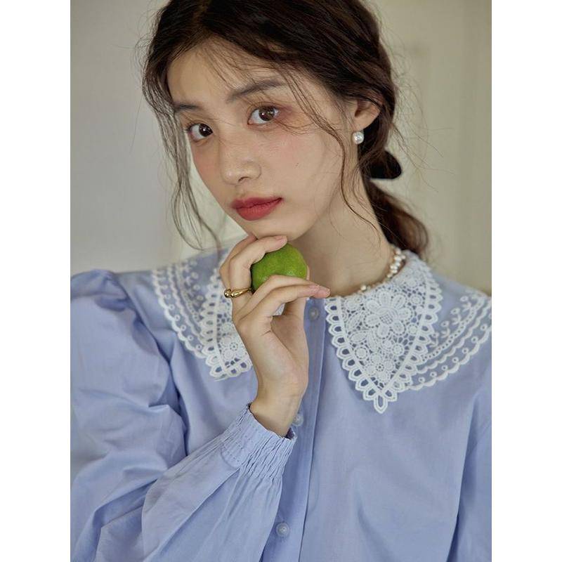 Áo Sơ Mi Tay Dài Cổ Búp Bê Phối Ren Phong Cách Pháp Cổ Điển Thời Trang Cho Nữ