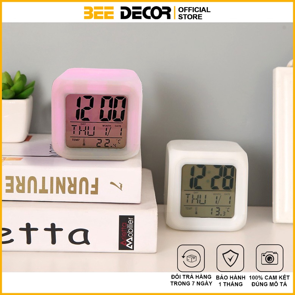 Đồng hồ vuông LED đổi màu 7 sắc tự động cực chill có báo thức, nhiệt độ phòng và thứ ngày tháng - trang trí bàn làm việc