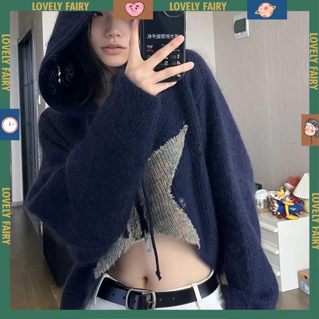 áo croptop nữ dài tay áo len kiểu nữ Áo Khoác Cardigan Có Mũ Trùm Đầu Và Khóa Kéo Hình Ngôi Sao Năm Cánh Thiết Kế Mới Mùa Thu 2022