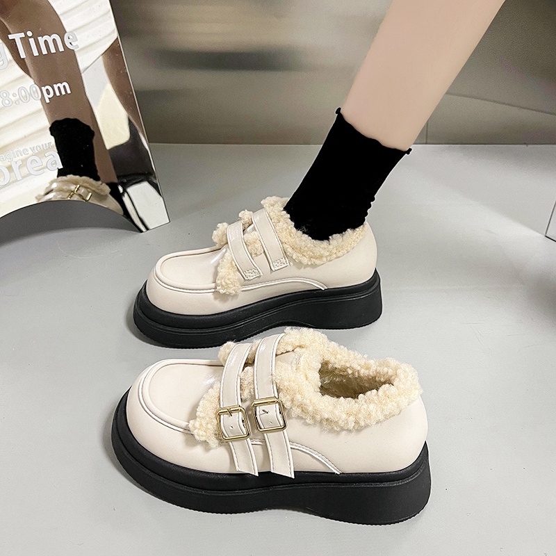 Giày Da Lót Lông Cừu Chống Trượt Phong Cách retro Phương Tây Dành Cho Nữ