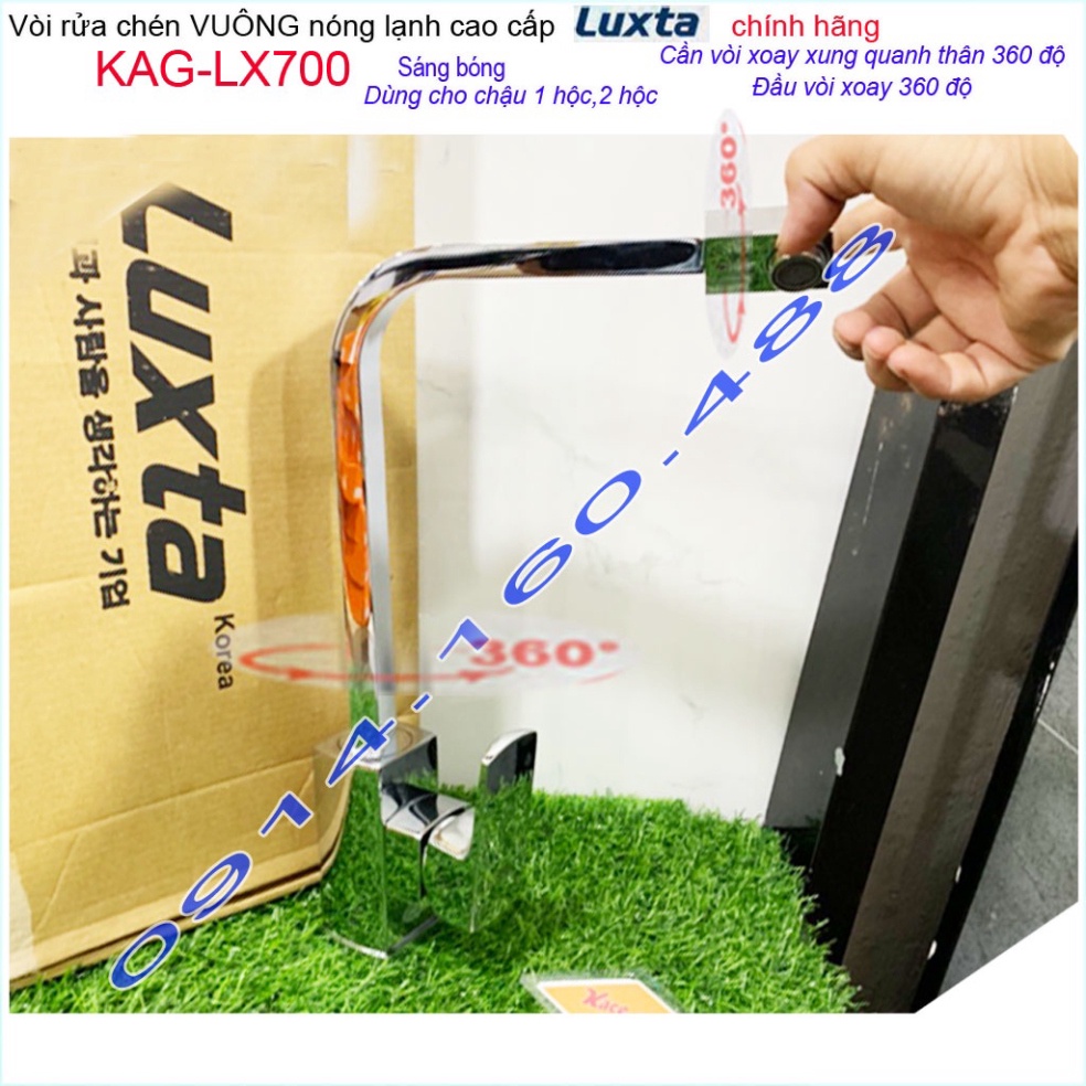 Vòi bếp nóng lạnh Luxta KAG-LX700 cần vuông xoay 360 độ, Vòi chậu rửa chén bát tay gạt êm xả nước mạ