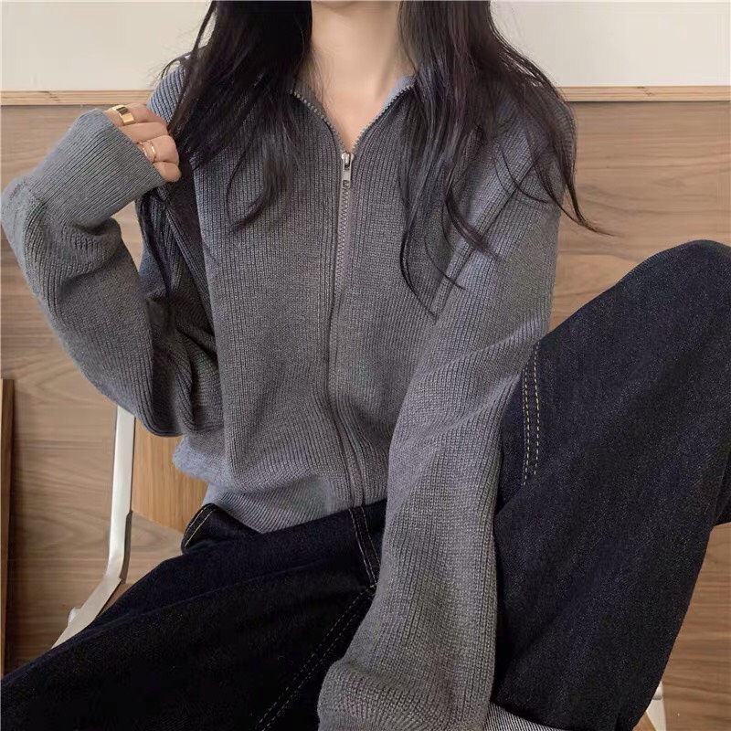 MM243 Áo khoác len đan nữ cổ bẻ có kéo khoá cá tính [HÀNG QUẢNG CHÂU]