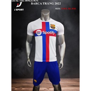 Bộ quần áo bóng đá, đồ đá banh barca barcelona sân khách màu trắng 2022-2023 vải thun lạnh cao cấp
