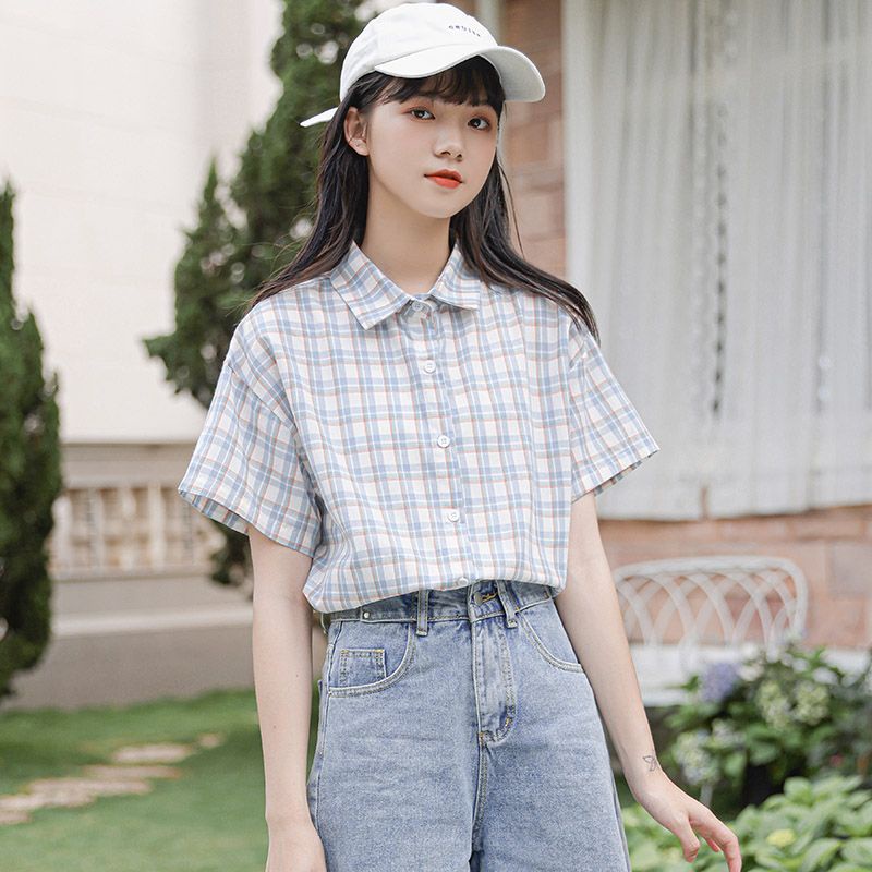 IELGY  Áo Sơ Mi Ngắn Tay Họa Tiết Ca Rô Thời Trang Dành Cho Nữ