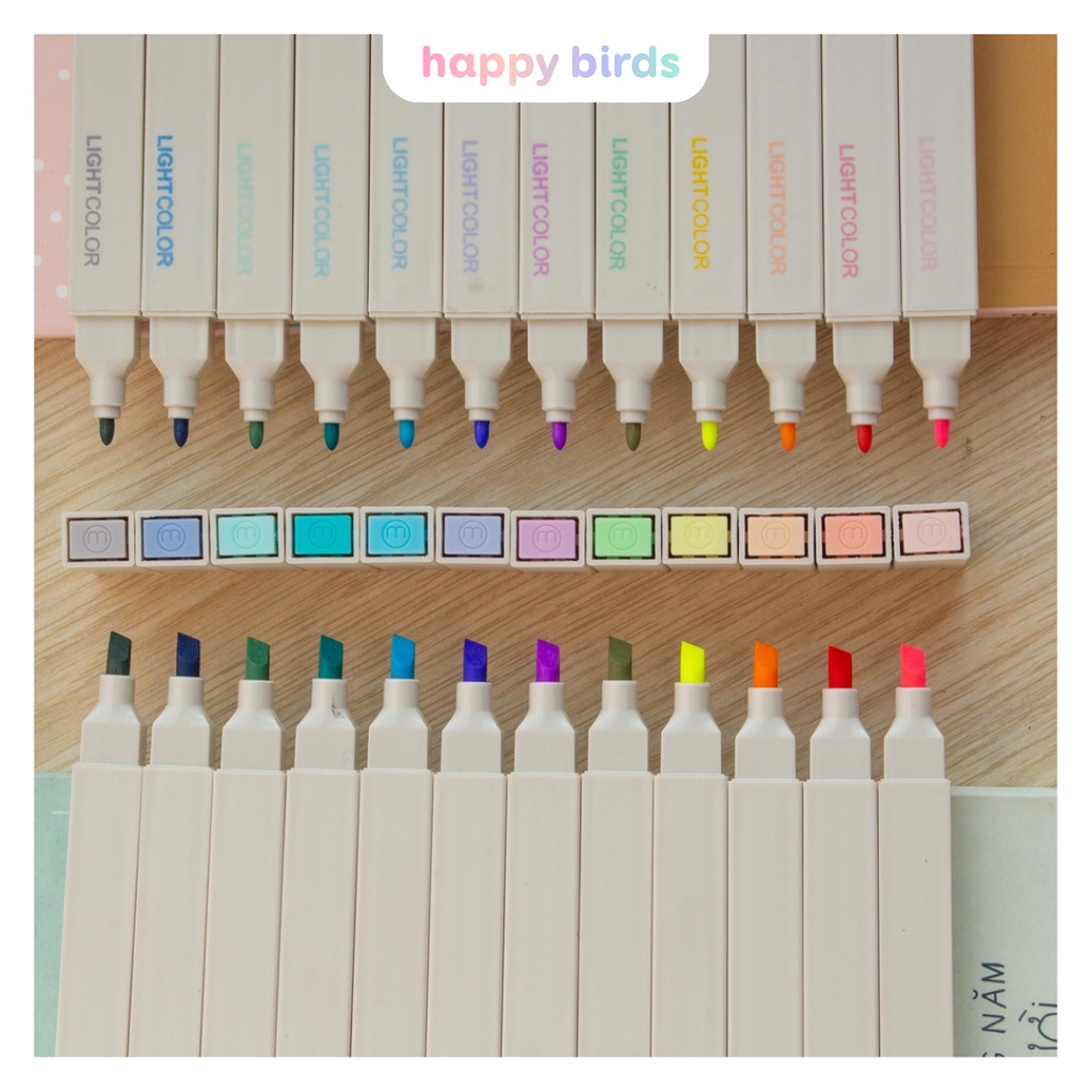 Bút highlight pastel 2 đầu thân trắng vuông đánh dấu ghi nhớ trang trí sổ còng sổ tay bullet journal