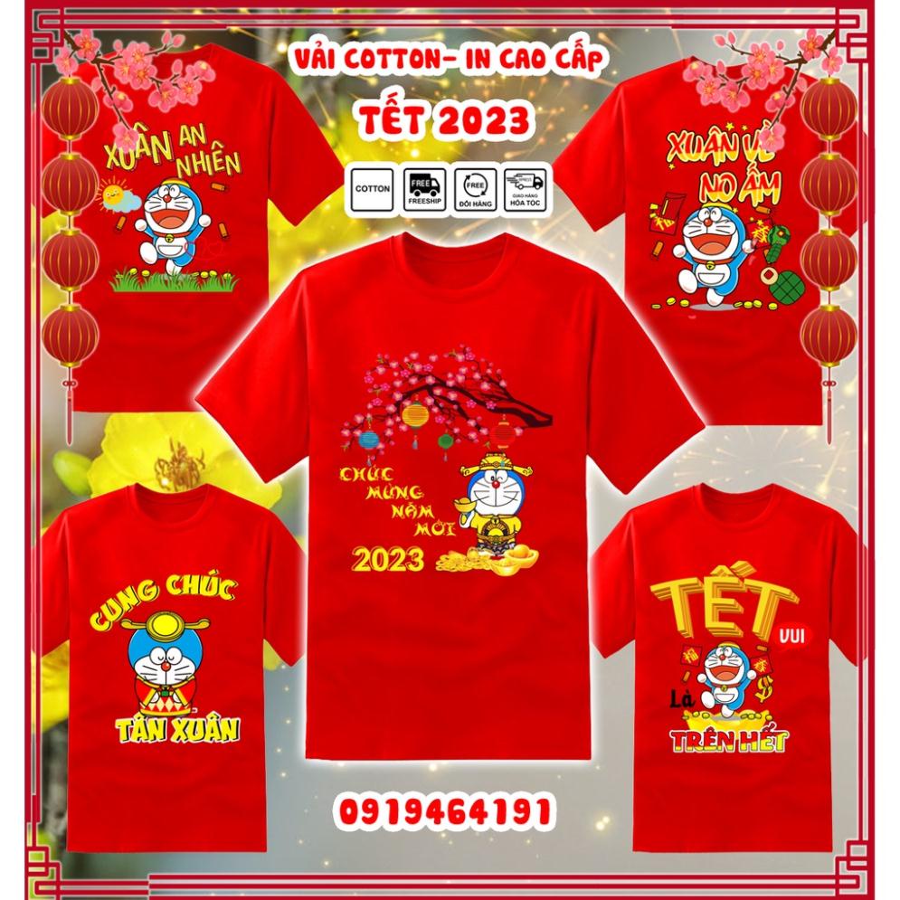 Áo thun doraemon tết quý mão 2023 màu đỏ, áo thun tết con mèo doraemon, vải dày mịn mát, in cao cấp - Có size trẻ em