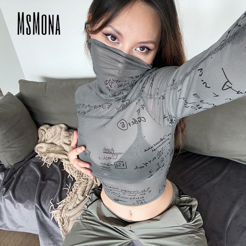 MsMona Áo Thun Tay Dài Cổ Cao Màu Xám In Chữ Thời Trang 2022 Quyến Rũ Cho Nữ
