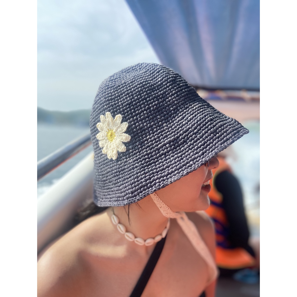 Nón len handmade - hoa cúc họa mi trang trí - có quai nón bằng ren siêu xinh