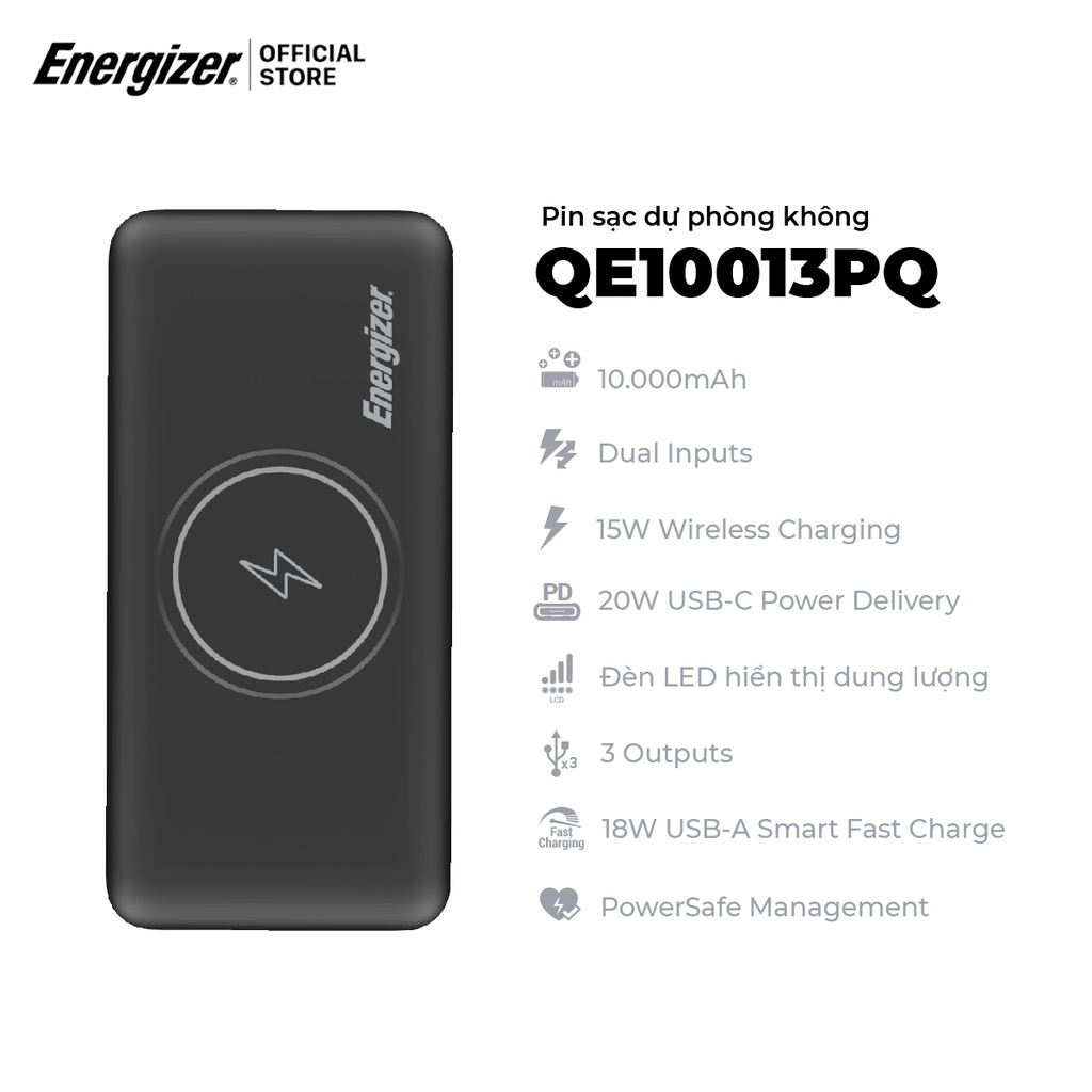 Pin dự phòng Energizer 10000mAh QE10013PQ - 3 cổng sạc ra tiện lợi, tích hợp sạc nhanh - Hàng chính hãng