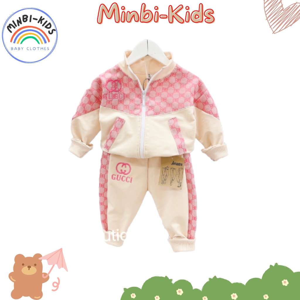 Bộ quần áo dài tay thu đông thun coton da cá họa tiết Gucci cho bé trai và bé gái từ 7-20kg Minbi kids