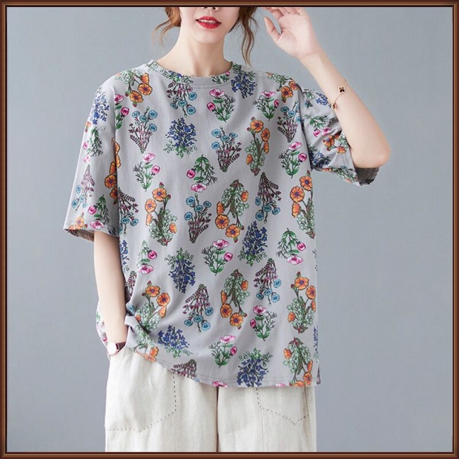 Áo Thun Tay Ngắn Cổ Tròn In Hình Hoa Dành Cho Nữ Plus Size