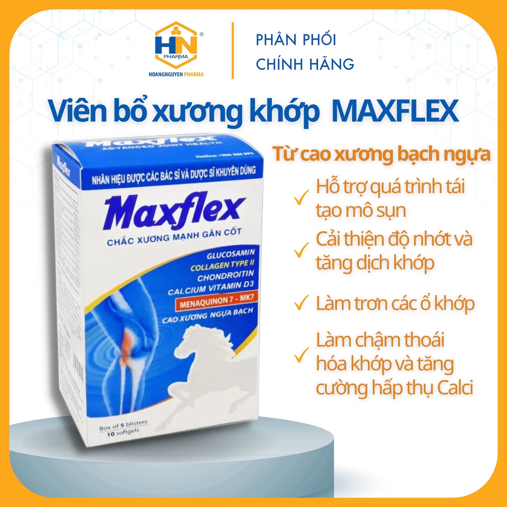Viên uống bổ xương khớp MAXFLEX từ cao xương bạch ngựa giúp làm chậm thoái hóa, tái tạo mô sụn, làm trơn ổ xương khớp