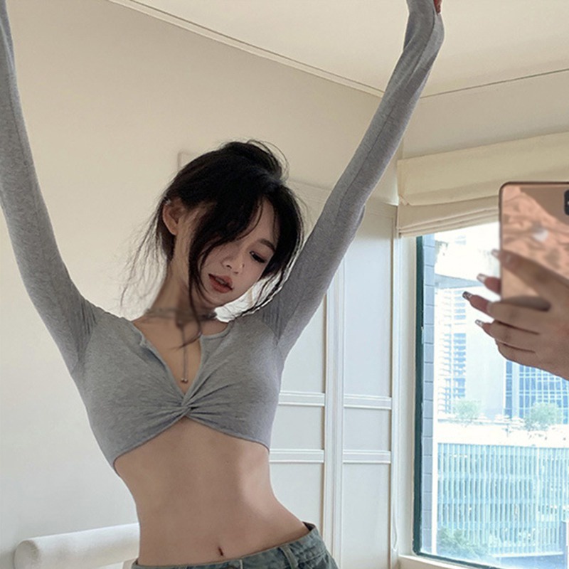 Áo Thun Croptop Tay Dài Cổ Chữ V Thắt Nút Màu Sắc Trơn Phong Cách Hàn Quốc Quyến Rũ Dành Cho Nữ