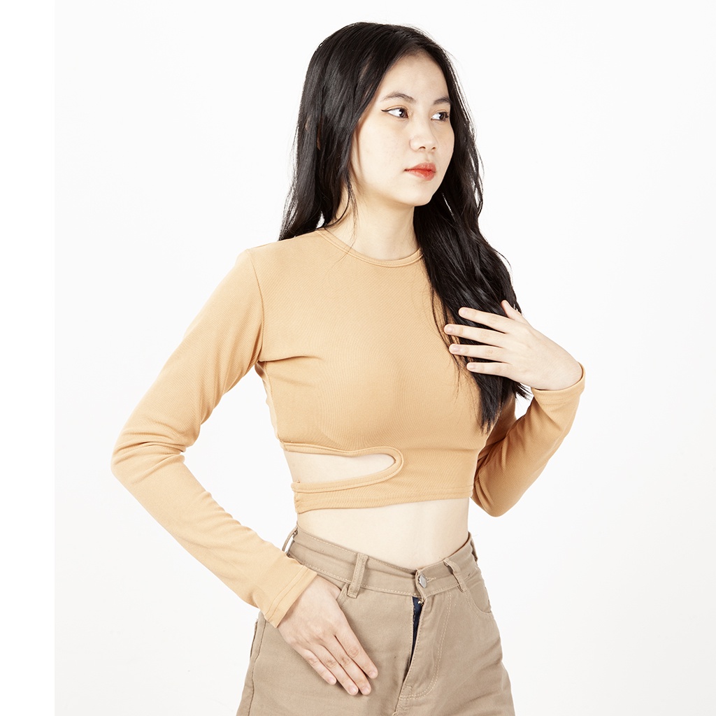 Áo thun croptop nữ tay dài ôm khoét eo vải cotton mềm mịn siêu tôn dáng