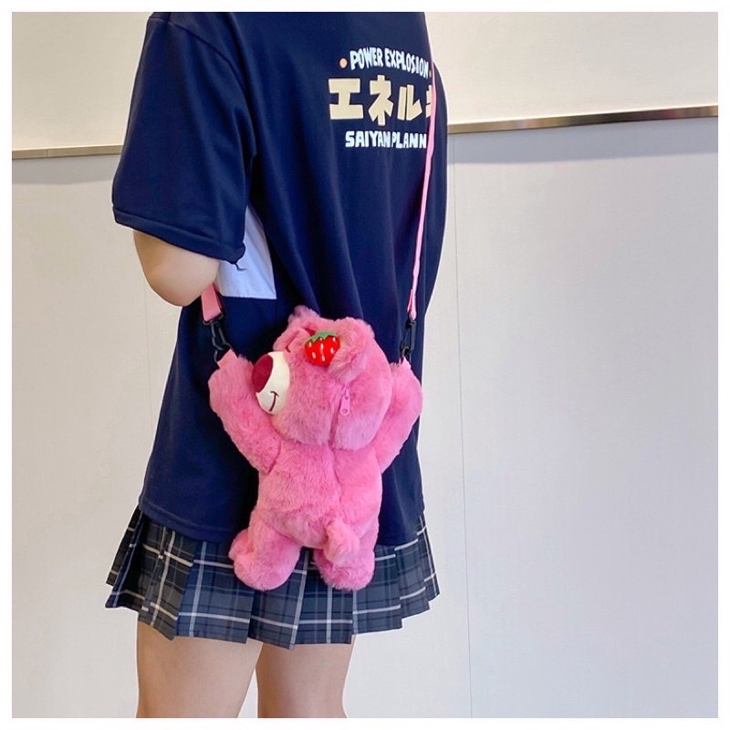 Túi đeo chéo hình gấu bông dâu hồng siêu dễ thương