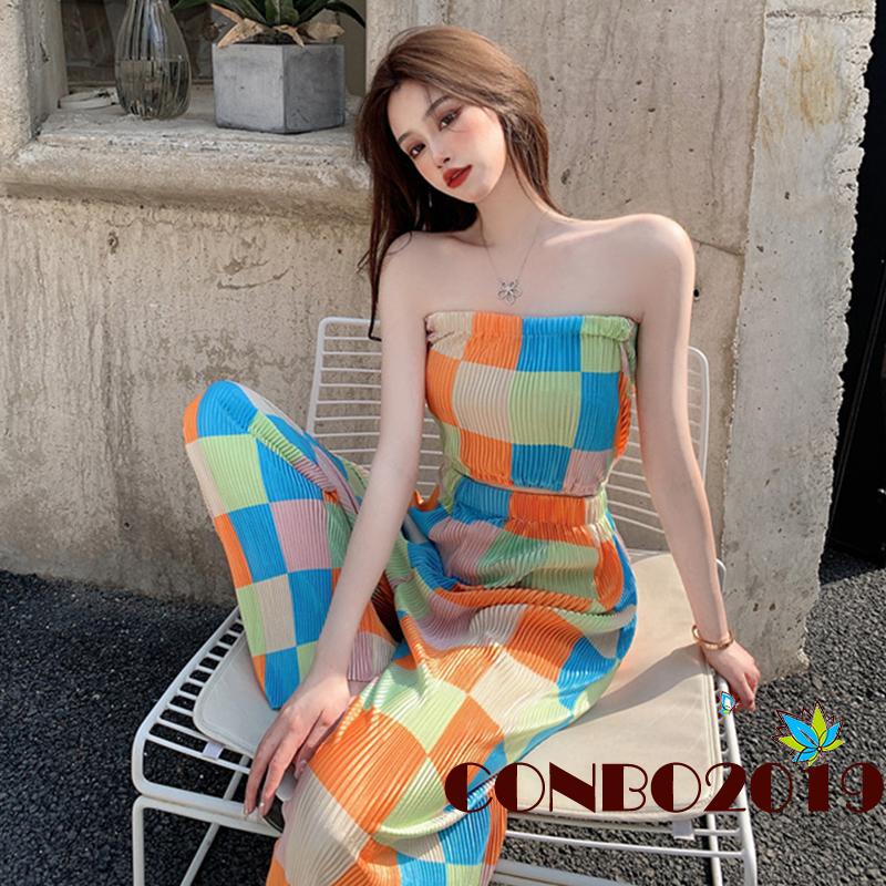 Set Đồ 2 Món Gồm Áo Không Tay Họa Tiết Kẻ Sọc Nhiều Màu + Quần Ống Rộng Lưng Cao Co Giãn Cho Nữ