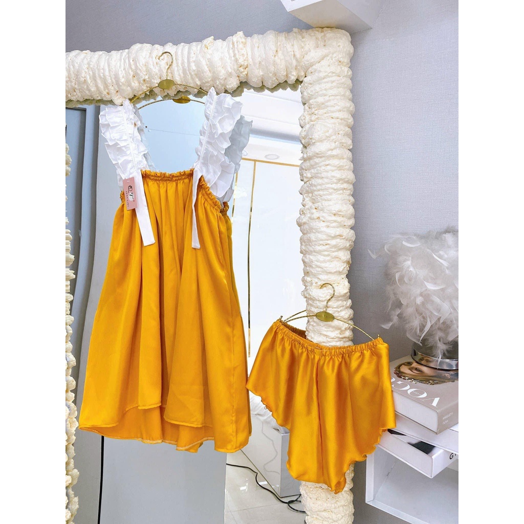 Đầm Ngủ 2 Dây Nhún Bèo Bigsize Lụa Lantin tặng kèm quần đùi