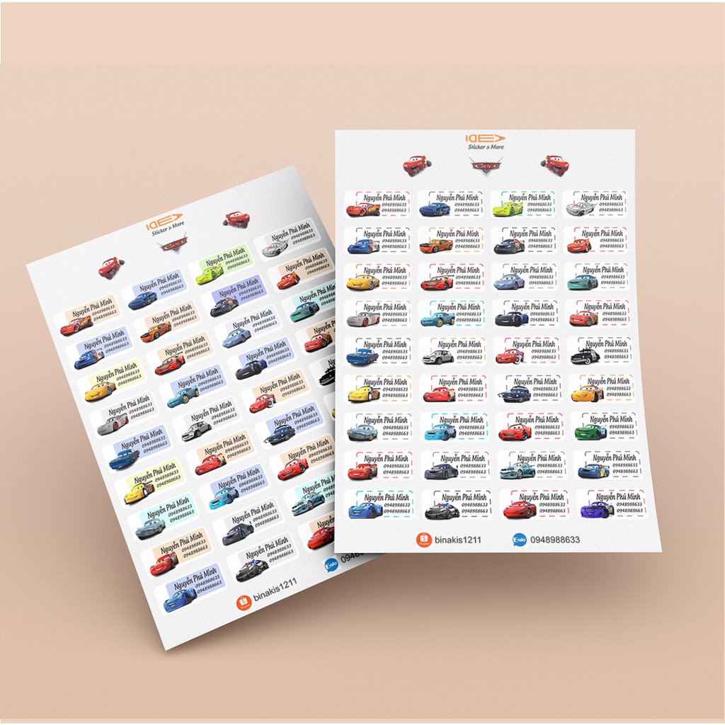 Bộ 36 (+3) sticker MCQUEEN ủi áo, dán bình sữa, đồ dùng học tập - In theo tên bé