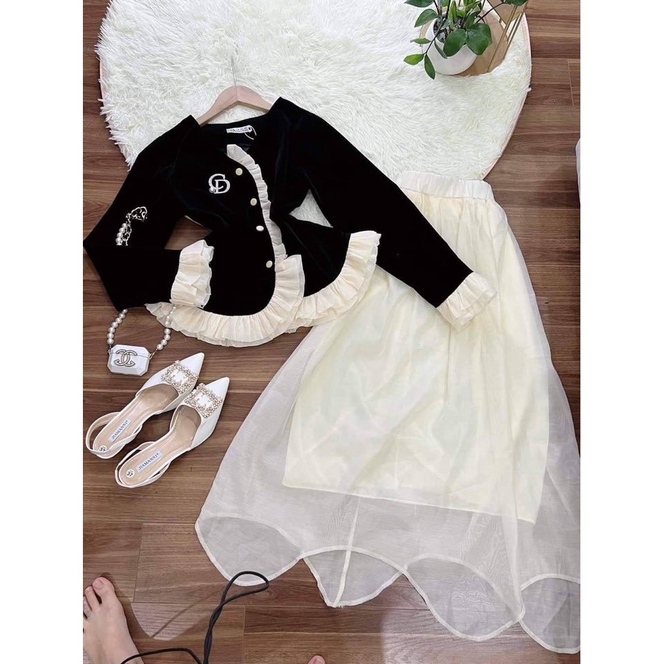 Set áo nhung viền bèo chân váy tơ xuocs VNHN0009