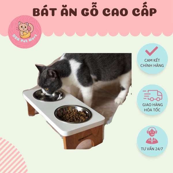 Bát ăn gỗ cao cấp cho chó, mèo - Đã bao gồm 2 chén inox 14