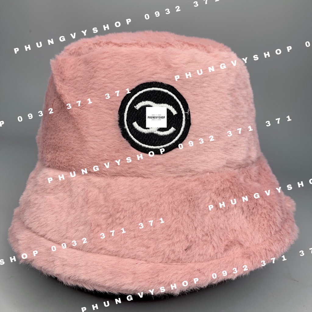 Mũ bucket cực hot unisex nam nữ mùa thu đông giữ ấm -BO LÔNG Lo Đen TRÒN THÊU NEO  - nón tai bèo vành