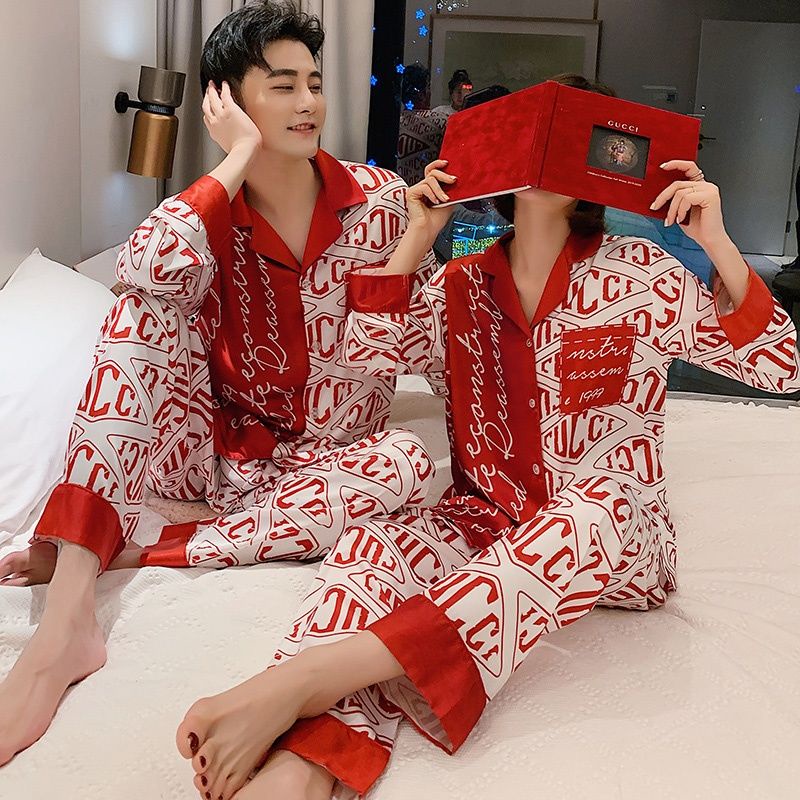 Bộ Đồ Ngủ Lụa Lạnh Hai Mảnh Tay Dài Màu Đỏ Mới Dành Cho Cặp Đôi Mặc Ở Nhà Sang Trọng Cỡ Lớn Si