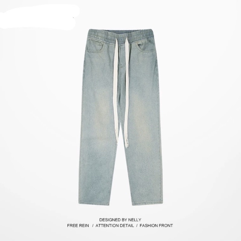 Quần jeans nam Nelly rộng ống suông lưng thun dây rút taobao
