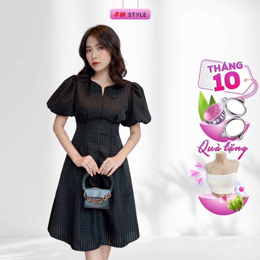 Váy nữ dáng dài FM Style tay bồng cổ tròn chít eo tay bồng màu đen trắng phong cách Hàn Quốc 220127432
