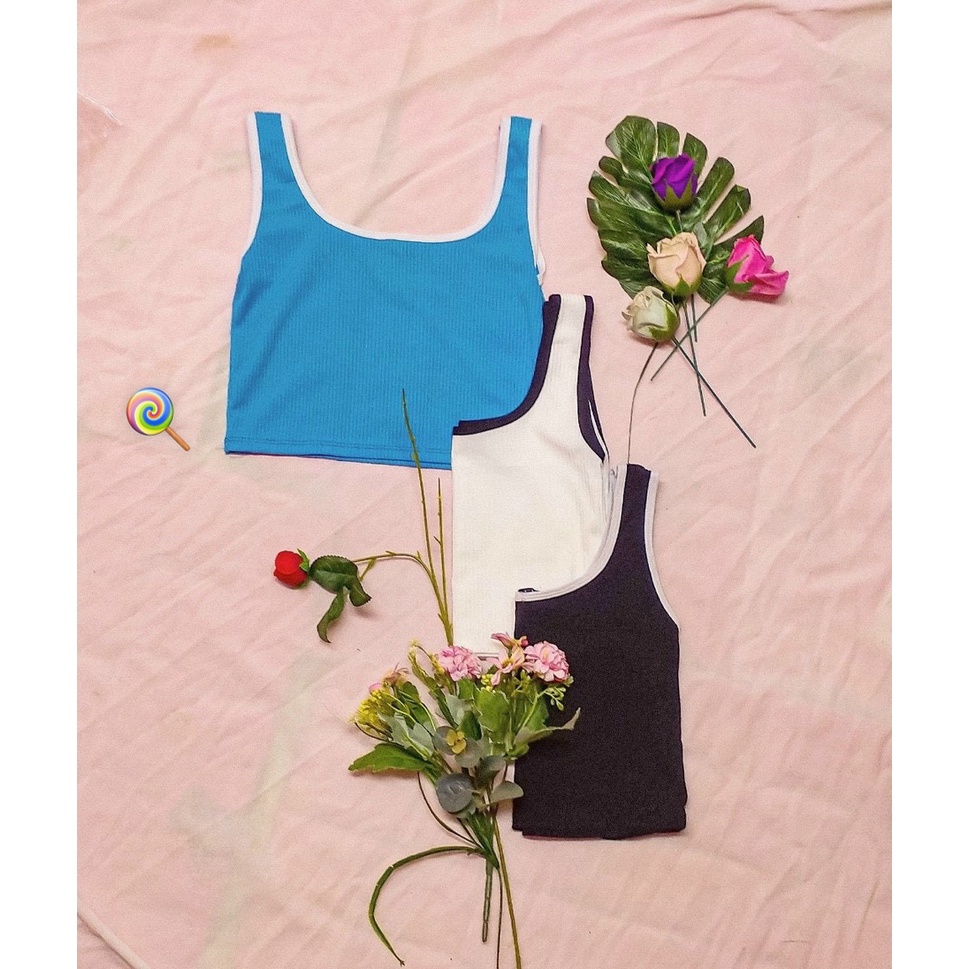 áo croptop viền màu cổ u chất thun gân mềm mịn