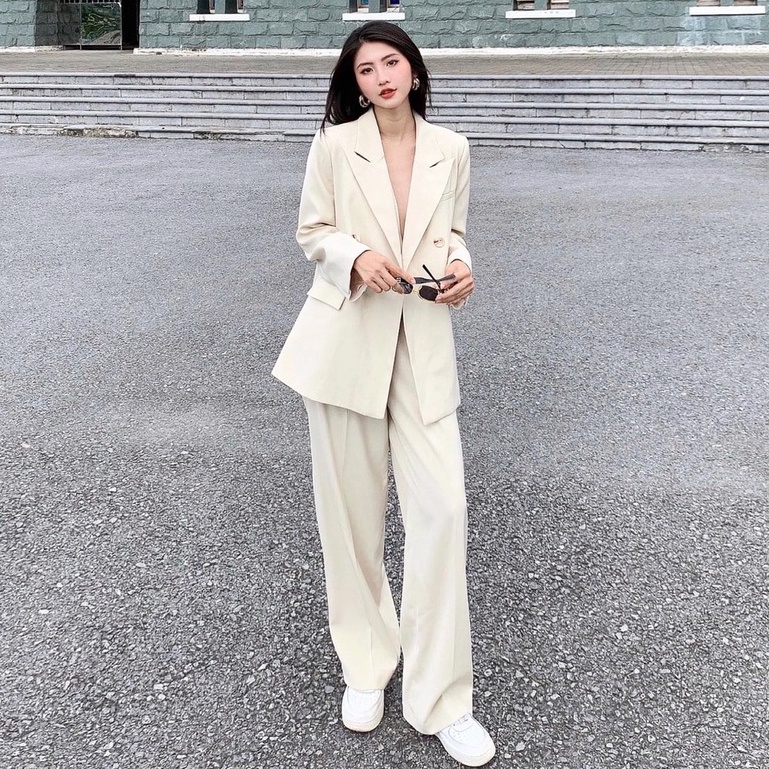 Set Suit 2 Khuy Dài Tay ONMIX Beige, Vải Tuytsi Hàn Cao Cấp