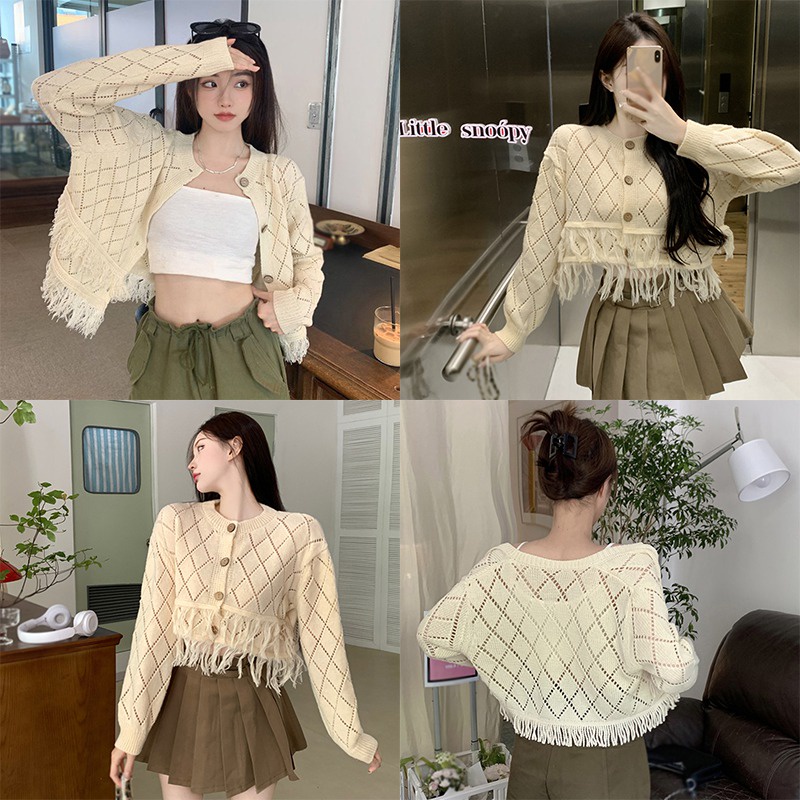 Áo Khoác Cardigan Dệt Kim Phối Tua Rua Thời Trang Hàn Quốc Cho Nữ
