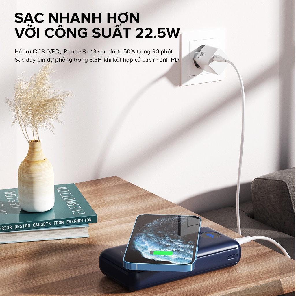 Pin Dự Phòng Không Dây 20000 mAh VIVAN VPB-W20 Hỗ Trợ Sạc Nhanh Output Chuẩn QC3.0 PD