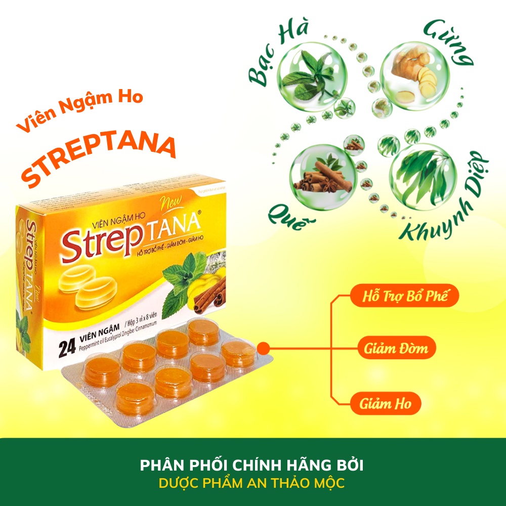 Viên ngậm ho Tanaphar Streptana hỗ trợ bổ phế làm dịu ho do cảm lạnh ho gió ho khan ho có đờm đau ngứa rát họng