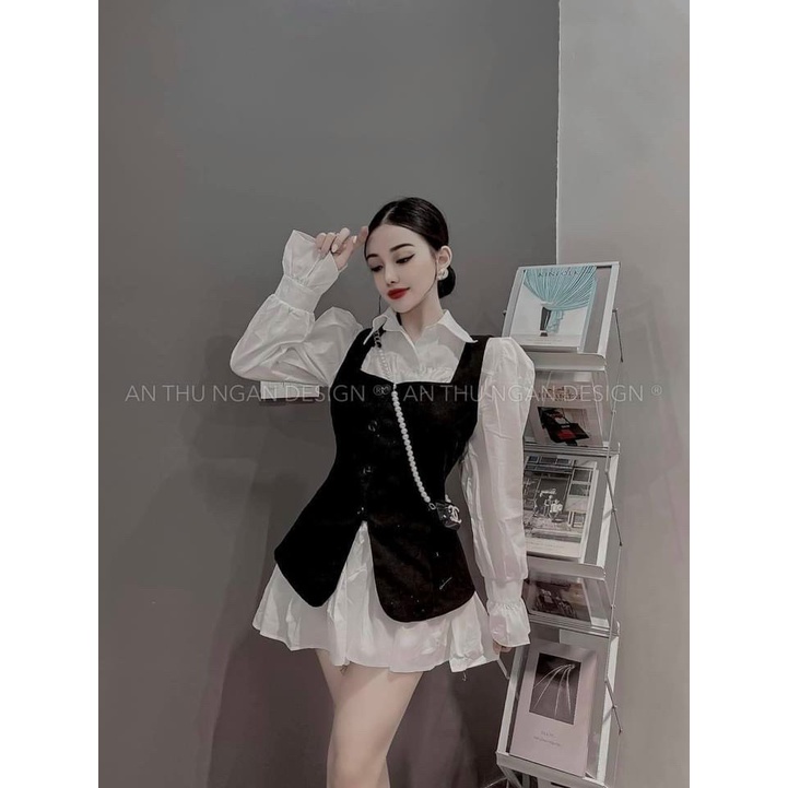 [11.11 Sale Freeship] Đầm tiểu thư nữ,set tuyết mưa đầm trắng dáng xòe cổ bẻ  dài tay kèm áo khoác ngoài đen cài khuy