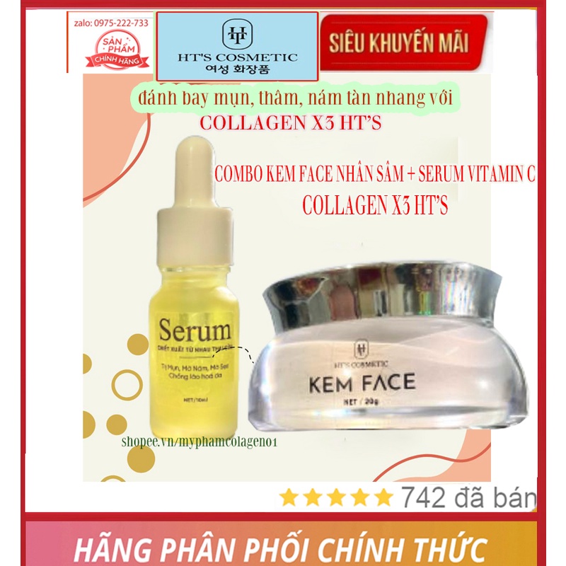 COMBO KEM FACE NHÂN SÂM 20g + SERUM VITAMIN C 10ml COLLAGEN X3 HT'S - Xóa mụn, giảm nám tàn nhang, giúp trắng da