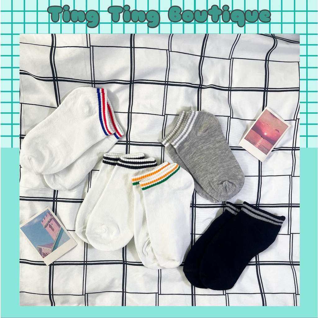Tất nam nữ cổ ngắn màu trắng đơn giản, tất học sinh 2 sọc chất cotton tone trắng trơn unisex