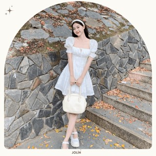 JOLIN ✿ MILLY DRESS - Đầm trắng hoa chìm cúp ngực tay phồng dáng xòe