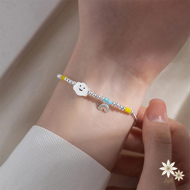 Vòng Tay Chuỗi Hạt Bạc Nhiều Màu Mặt Hình Trái Tim/Gấu/Mặt Cười Cho Nữ