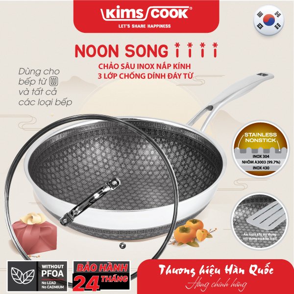 Chảo sâu Noon Song inox 3 lớp đáy từ nắp kính chống dính 2 mặt Kims Cook