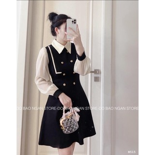 ⚡BÁN SỈ⚡Đầm đen viền ngực phối tay voan tơ đính cúc đông