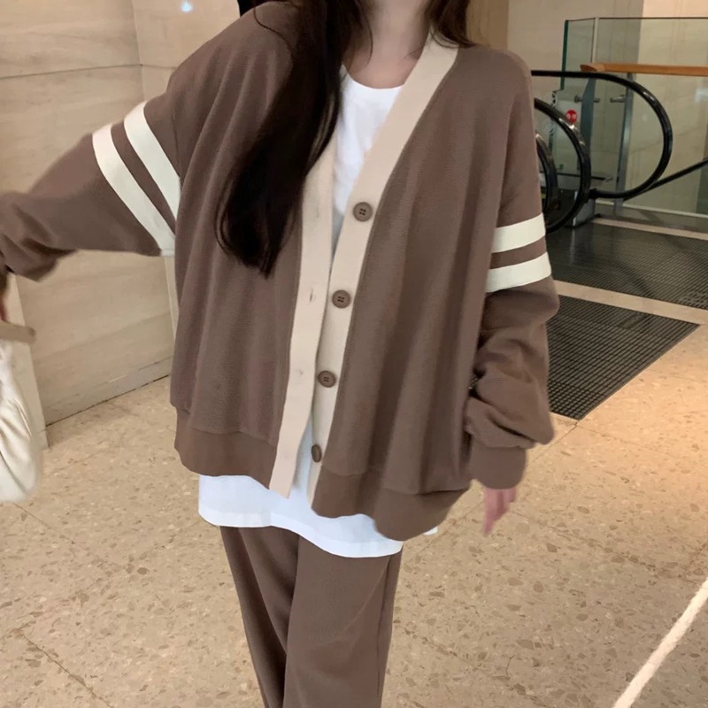 SUXI Áo Khoác Cardigan Dệt Kim Tay Dài Dáng Rộng Màu Sắc Tương Phản Phong Cách Hàn Quốc